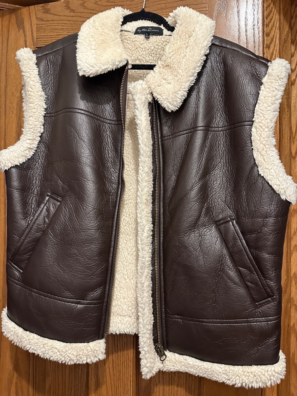 Sleeveless Brown Faux Leather Sherpa Vest with Cream Lining